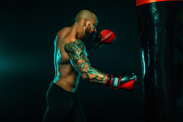 Boxer fighting in gloves with boxing punching bag. Sportsman with tattoos, man Isolated on black...