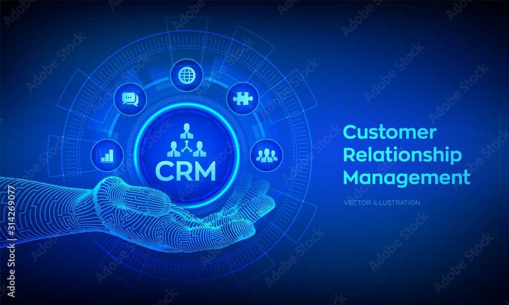 Poster crm icon in robotic hand. customer relationship management. customer service and relationship. enter