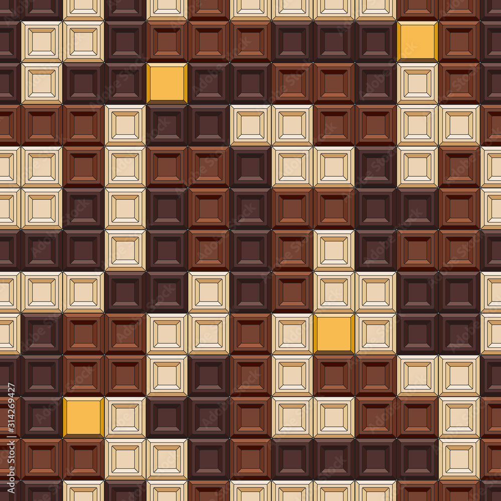 Poster seamless pattern with tetris made of chocolate cubes, sweets. colored vector background.