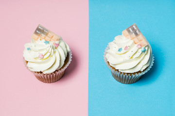Two birthday cupcakes on pink and blue background