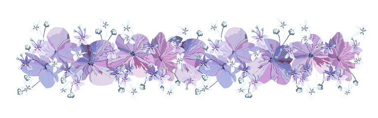 Fototapeta na wymiar Decorative Floral border with purple flowers with buds and small light blue florets on white background.