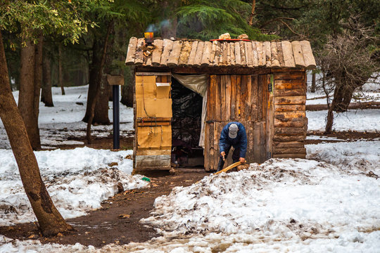 Man chopping wood in front of a wooden cabin in the snow in the Cedre Gouraud Forest, a woodland area in the Middle Atlas Mountain Range near Fes, Morocco