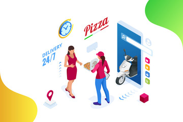 Isometric Online Pizza Order mobile app templates. Free delivery, Female courier, Fast food delivery online service.