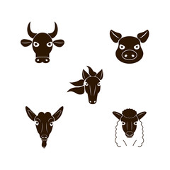 Farm animals set. Cow, pig, sheep, horse, goat head  face icons. Vector illustration isolated on a white background