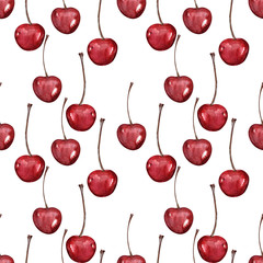 Watercolor seamless pattern with ripe cherry berries