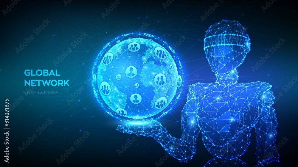 Poster global network connection. earth globe illustration. abstract 3d low polygonal robot holding planet.