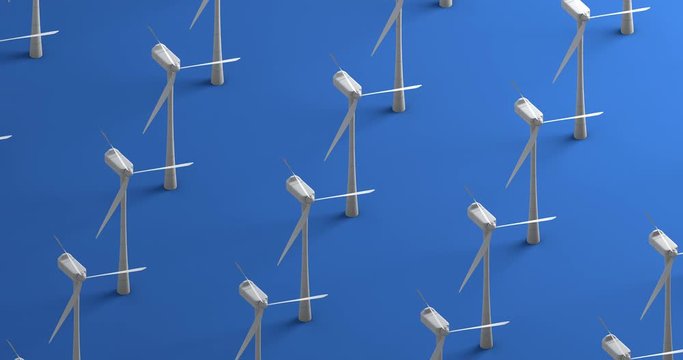 4k 3D animation of windmills on colorful blue background. Seamless loop. 3d rendering