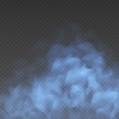 Blue fog or smoke cloud isolated on transparent background. Realistic smog, haze, mist or cloudiness effect. Realistic vector illustration.