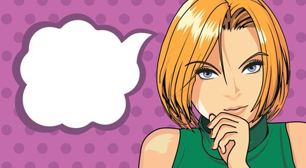 Vector illustration of beautiful girl thinking about something, thought bubble.