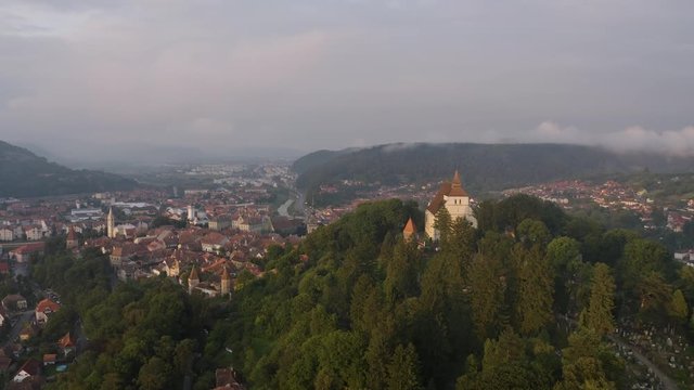 4k Romania Transylvania Aerial Footage at Sunrise Church on the Hill