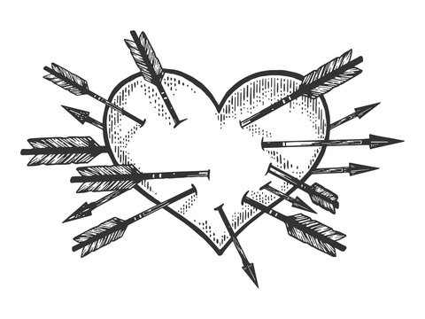 Heart symbol pierced with many arrows sketch engraving vector illustration. Romantic love lovesickness symbol. T-shirt apparel print design. Scratch board imitation. Black and white hand drawn image.