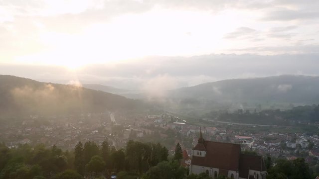 4k Sighisoara Drone at Sunset Transylvania Church on the Hill Aerial