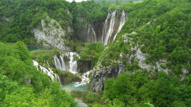 wide angle high shot of veliki slap waterfall at plitvice national park in croatia