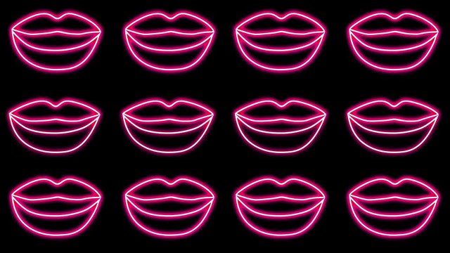 Abstract background. Looping motion neon glowing lips open and close on a black background