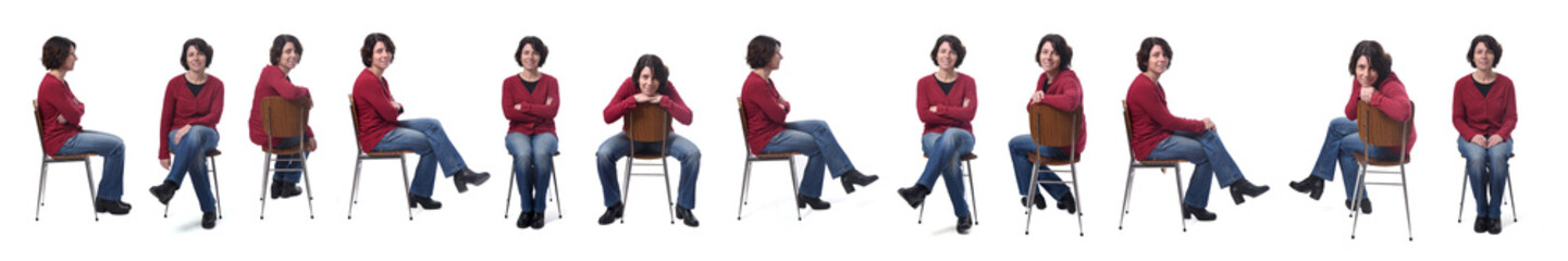 woman sitting on a chair with various poses on white