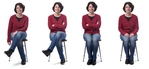 woman sitting on a chair with various poses on white
