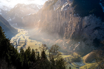 fairytale-like light on a winter morning over Lauterbrunnen Valley
