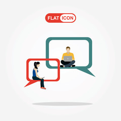 Speech bubbles for comment anf reply concept flat vector illustration of young people using mobile smartphone for texting and leaving comments in social networks. Guys and women sitting on big symbols