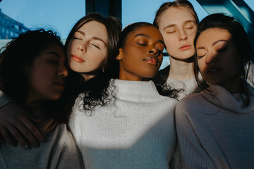 The portrait of multiracial group from five women.