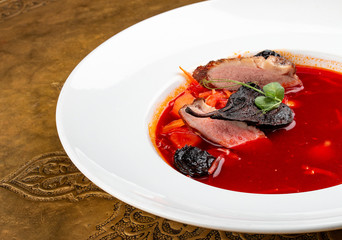Smoked borscht with duck. Classic retro Russian dish
