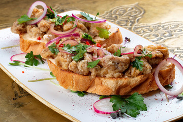 Brains on toast crispy Golden brown. Classic retro Russian dish