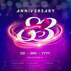 83 years anniversary logo template on purple Abstract futuristic space background. 83rd modern technology design celebrating numbers with Hi-tech network digital technology concept design elements.