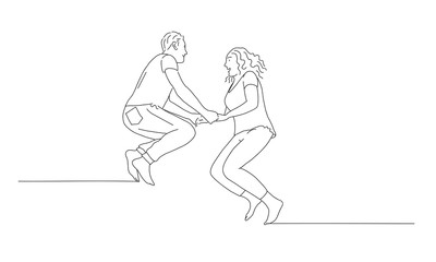 Fototapeta na wymiar Line drawing of jumping couple. Man and woman. Vector illustration.