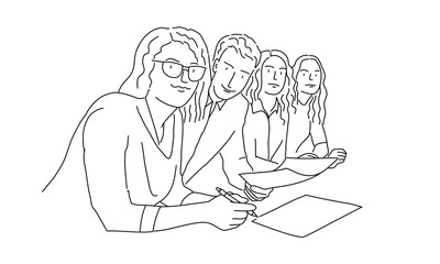 Line drawing of business people. Business team seating at the table. Vector illustration.