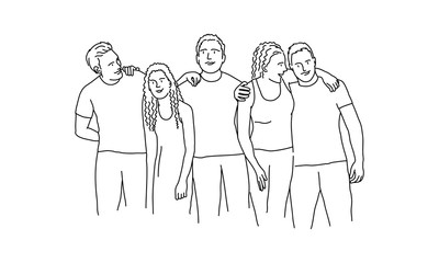 Line drawing of friends are standing and embracing. Vector illustration.