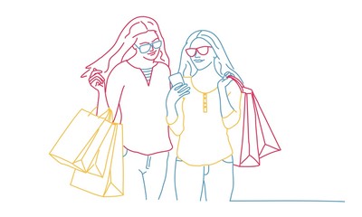 Girls with bags reading the message. Colour line drawing vector illustration.