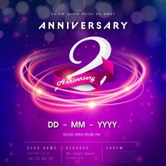 2 years anniversary logo template on purple Abstract futuristic space background. 2nd modern technology design celebrating numbers with Hi-tech network digital technology concept design elements.