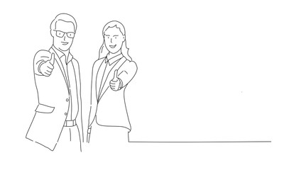 Line drawing of couple showing OK or approval sign with thumb up. Vector illustration.