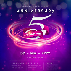 5 years anniversary logo template on purple Abstract futuristic space background. 5th modern technology design celebrating numbers with Hi-tech network digital technology concept design elements.
