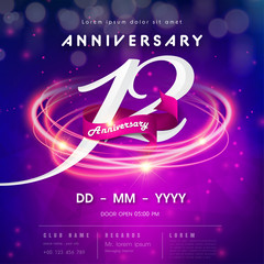 12 years anniversary logo template on purple Abstract futuristic space background. 12th modern technology design celebrating numbers with Hi-tech network digital technology concept design elements. - obrazy, fototapety, plakaty