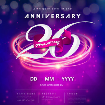 26 years anniversary logo template on purple Abstract futuristic space background. 26th modern technology design celebrating numbers with Hi-tech network digital technology concept design elements.