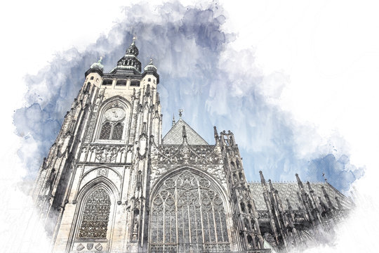 abstract architecture sketch style image of outdoors view of Prague cathedral