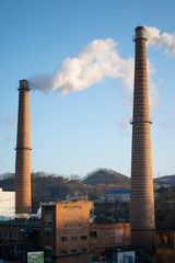 Brick tall pipes with thick smoke on the background of the blue sky and forest. Vertical orientation