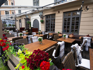 The tables on the old town city street in Riga