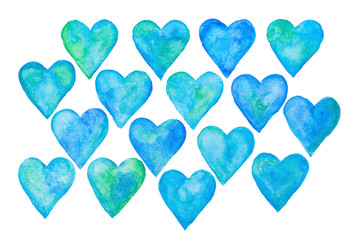 Fototapeta premium Set of blue abstract watercolour hearts, hand drawn hearts elements.