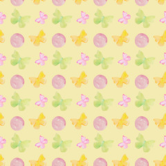 Watercolor seamless pattern of butterflies with pink dots on yellow background, hand drawn
