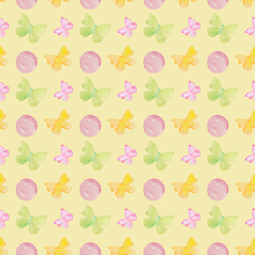 Watercolor seamless pattern of butterflies with pink dots on yellow background, hand drawn