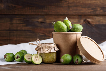 homemade feijoa jam on wooden background