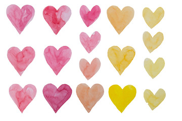 Valentine's Day hearts, watercolor hand painting pink and yellow isolated hearts.