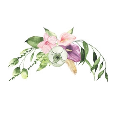 Watercolor floral bouquet with flowers roses calla lily greenery leaves foliage isolated on white background. Floral frame bohemian boho illustration for wedding invitation save the date card
