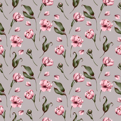 Digital flat illustration of elegant pink peonies seamless pattern from elements on a light gray background. Print for the design of cards, invitations, banners, fabrics, posters, paper.