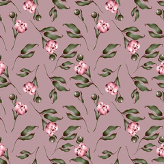 Fototapeta na wymiar Digital flat illustration of elegant pink peonies seamless pattern from elements on a light powdery pink background. Print for the design of cards, invitations, banners, fabrics, posters, paper.