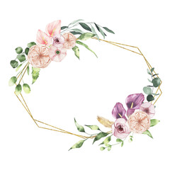 Watercolor Valentines Day floral golden geometrical wreath with calla lily rose greenery leaves isolated on white background. Floral frame bohemian boho illustration for wedding invitation card