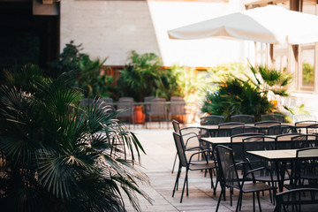 empty chairs and tables under a sun umbrella with plants and palm trees in a cafe ambiance for university students and congress attendees in the leonardo building in trieste, Italy