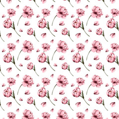 Digital flat illustration of elegant pink peonies seamless pattern from elements on a white background. Print for the design of cards, invitations, banners, fabrics, posters, paper, covers.