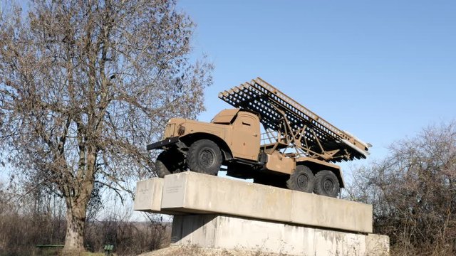 Old Soviet Union rocket launcher vehicle called Stalin organs 4K tilting footage